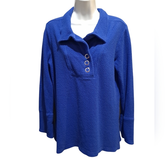 Soft Surroundings Carlile Top Sapphire Oversize Sz Small Wide Collar Front Snaps - Picture 5 of 11